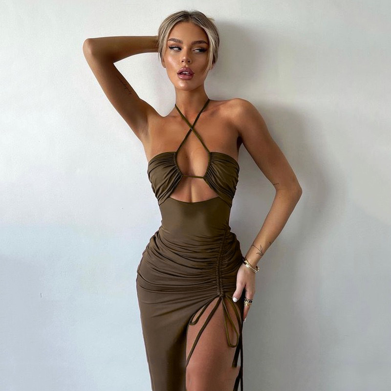 Mujeres europeas y americanas transfronterizas 2024 primavera nuevo estilo halter falda larga sexy halter espalda abierta con cordón delgado vestido femenino image 5