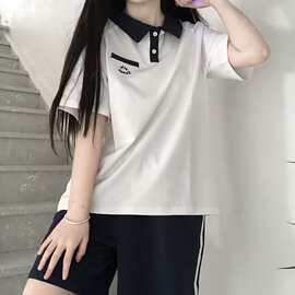 学院风撞色休闲运动服套装女春夏季简约短袖polo衫短裤跑步两件套