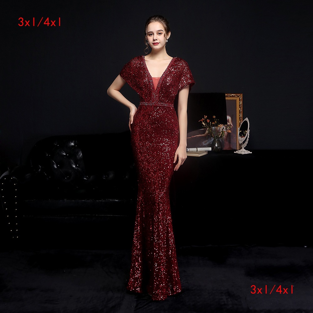 18611-S#3XL4XL Long Sequin Plus Size Fat Size Fat Beauty Performance Dress Banquet Evening Dress