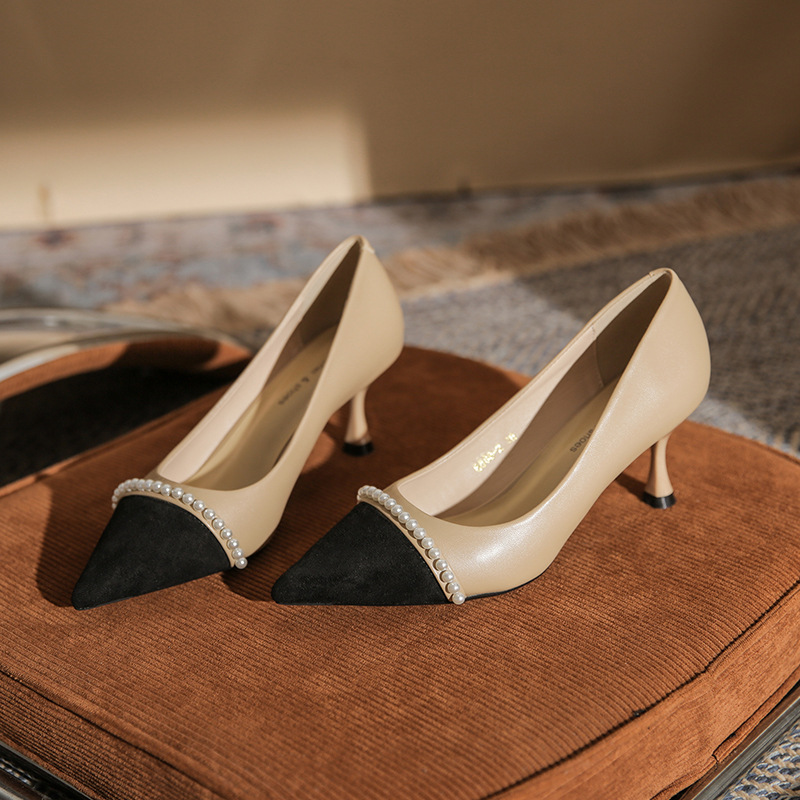 6588-2【羊皮】法式珍珠高跟鞋女新款拼色百搭舒适尖头中跟单鞋女