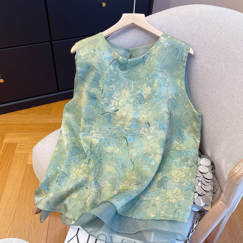 New Chinese-Style Round-Neck Buttoned Sleeveless Shirt for Women, Summer 2026 New Model, Slimming Tie-Dye Print Versatile Elegant Top