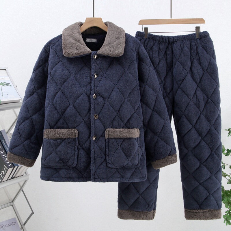 Winter Men's Quilted Pajamas Flannel Three-layer Quilted Thickened Warm Pajamas Suit Home Clothes for Middle-aged and Elderly
