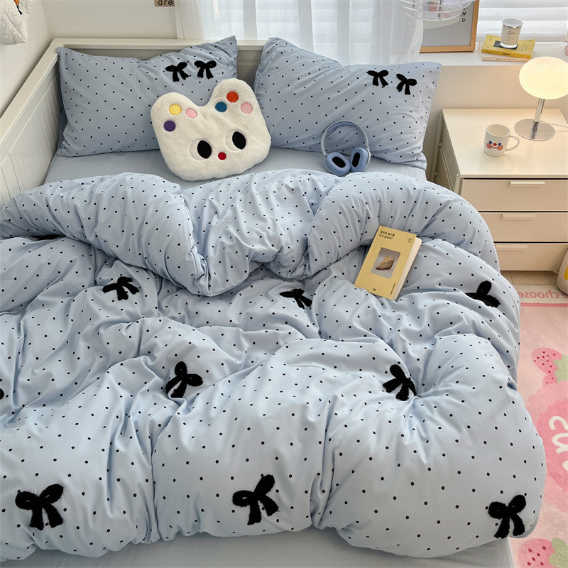 보우 폴카 도트 블루 워싱 코튼