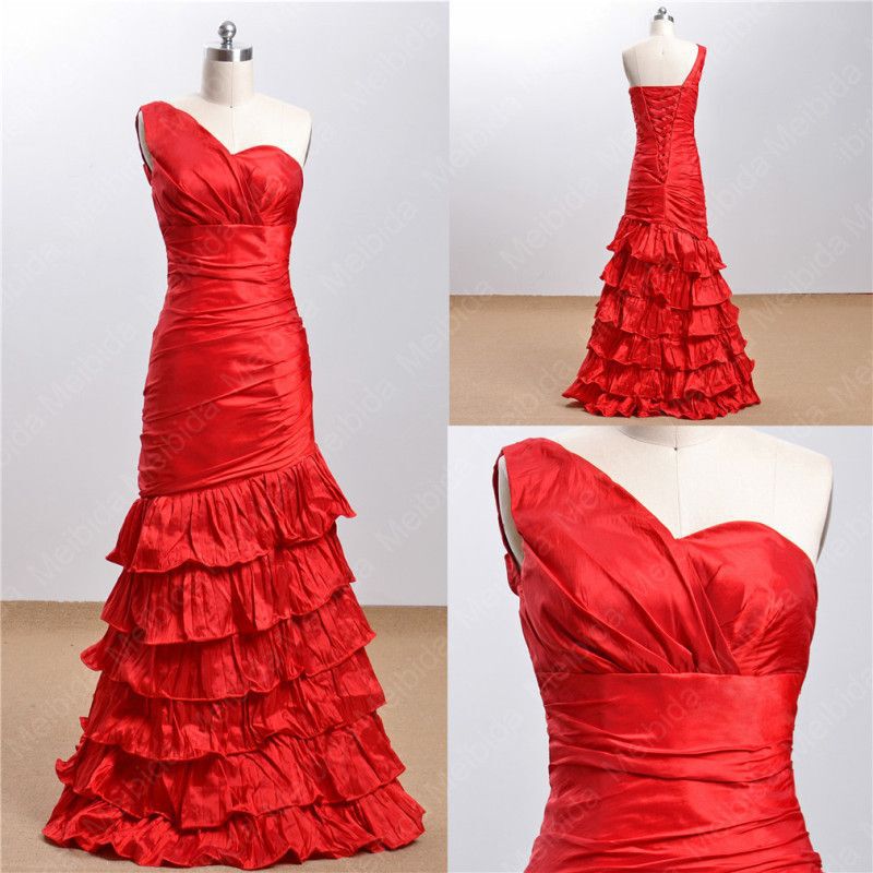 222 New Red Taffeta Shoulder Lace-up Wedding Dress Bridesmaid Dress European and American Foreign Trade Style