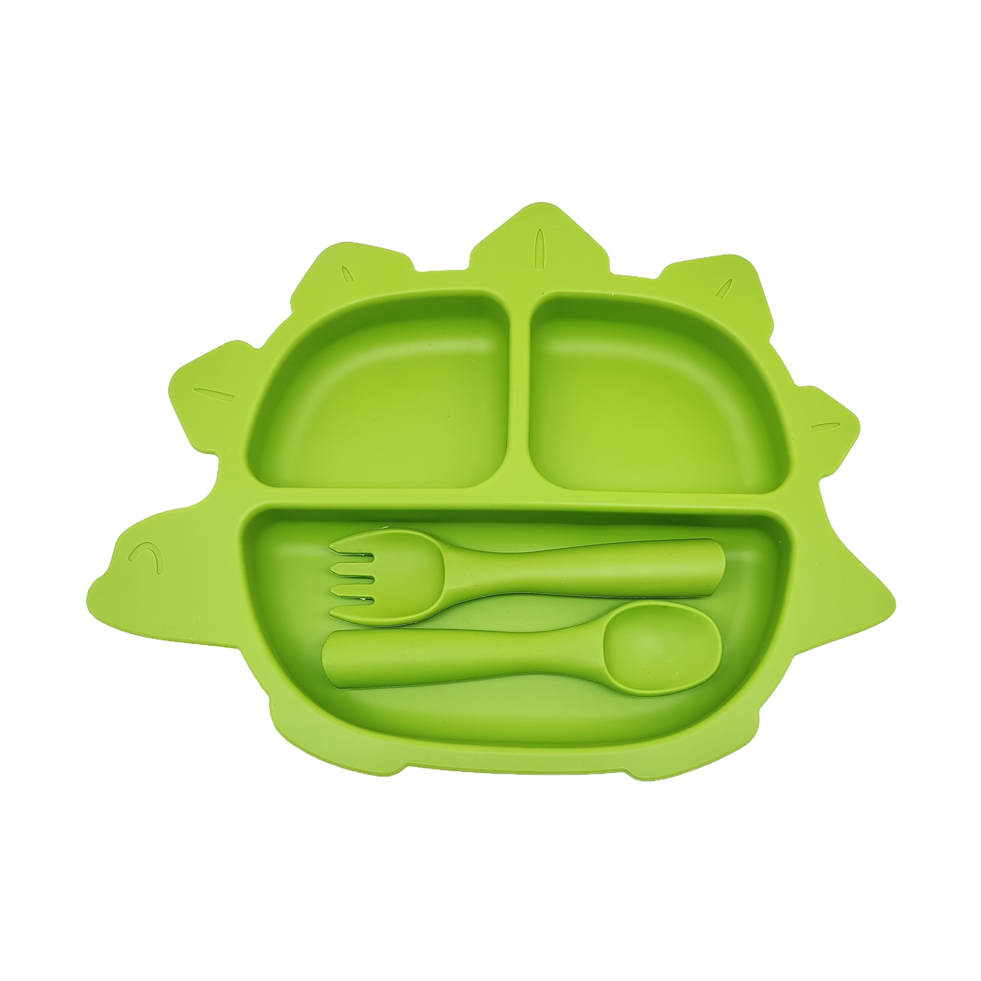 실리콘 [익룡 디너 접시 + 원형 손잡이 포크와 스푼] 머스타드 그린