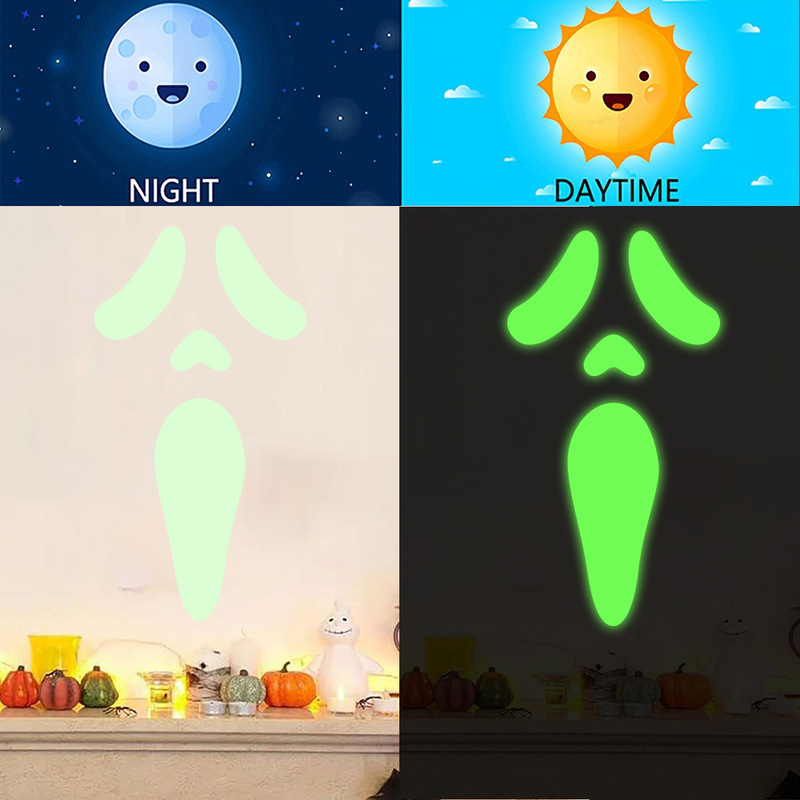 ハロウィン邪悪な表現グリーン発光ステッカーフェスティバルサプライズゴーストフェイス壁装飾 PVC 発光ステッカー|undefined