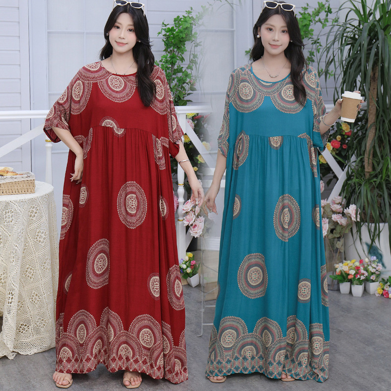 Southeast Asia 100kg Super Fat Dress Fat Girl Plus Size Short Sleeve Maternity Dress Loose Floral Beach Long Skirt