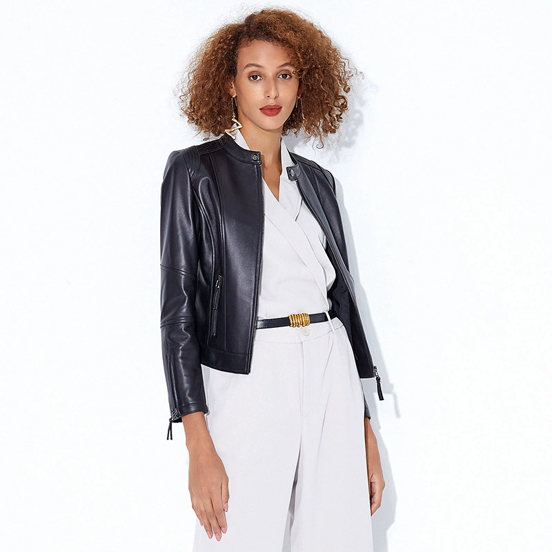 Новая коллекция Haining Spring: Женская куртка из натуральной кожи, короткая приталенная мотоциклетная куртка из овчины для женщин пятидесятилетнего возраста.