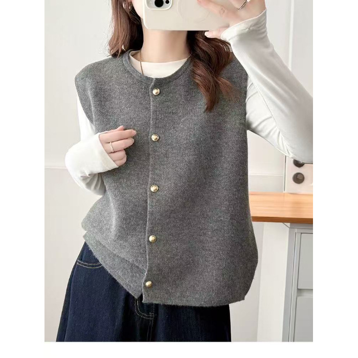 Botón de cordillera suave de cuello redondo nuevo estilo casual de una sola pieza de chaleco de mujer image 7