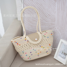 编织女包棉绳手提包度假风磁扣沙滩包彩点单肩草编单肩包小方包