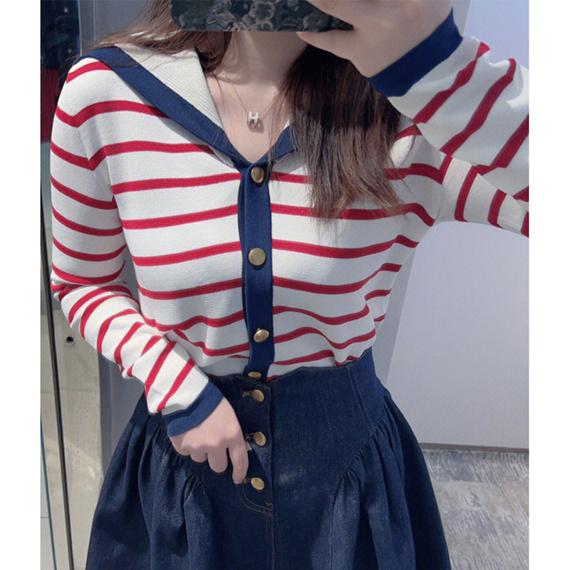 2023 Spring New College Navy Collar Age-reducing Long-sleeved Stripe Slim Casual Knitted Sweater Sweater