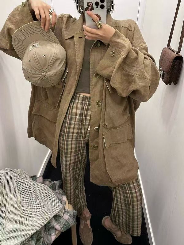 日系翻领工装风外套女秋季松弛感纯汉麻拼多口袋复古宽松外套百搭|undefined