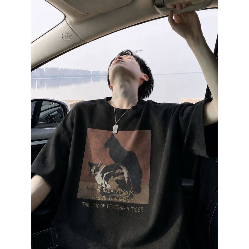 260g Sorona Cool Summer Men's Short-Sleeve T-Shirt Retro Cat Oil Painting American Trendy Brand Cool Loose Fit 260g Sorona Cool Summer Men's Short-Sleeve T-Shirt Retro Cat Oil Painting American Trendy Brand Cool Loose Fit