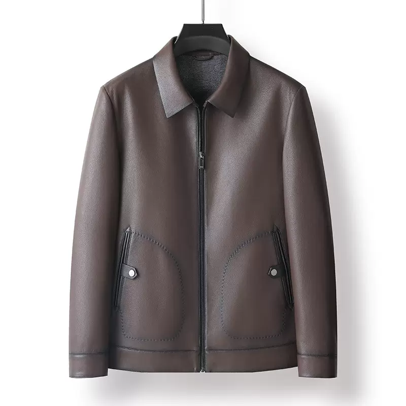 海宁真皮皮衣2025年秋季新款中老年男士翻领拉链羊皮夹克休闲外套