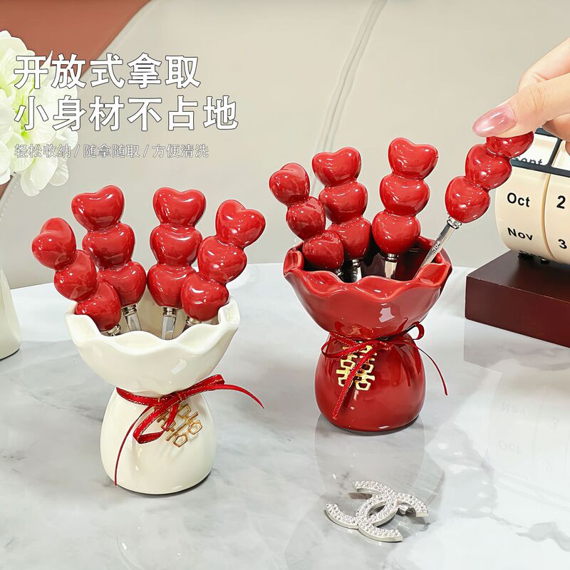创意花束爱心水果叉陶瓷收纳筒桌面装饰摆件高颜值不锈钢果叉套装|undefined