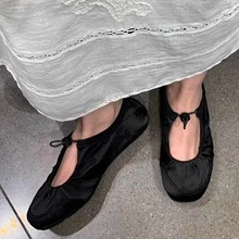羊皮版~复古缎面松紧带玛丽珍鞋女真皮浅口一字带平底芭蕾舞鞋