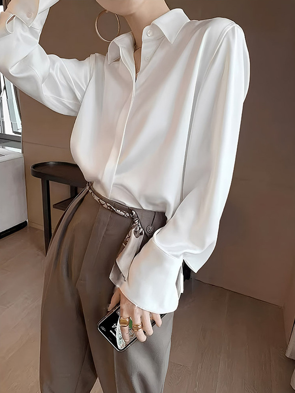 醋酸高级感女上衣2025秋季新款缎面白衬衫法式气质正装职业衬衣|undefined