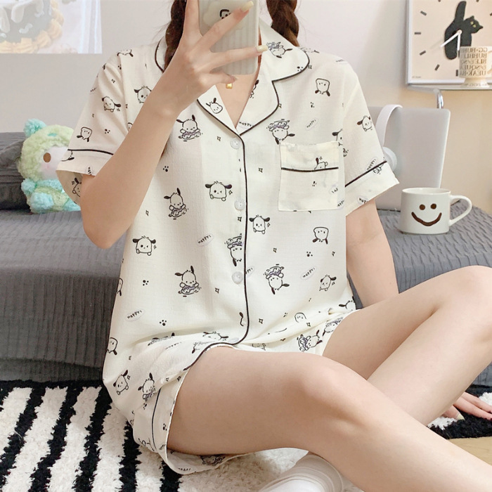 睡衣女夏季梭织泡泡棉皱布ins公主风可爱短袖夏天薄款家居服套装|undefined