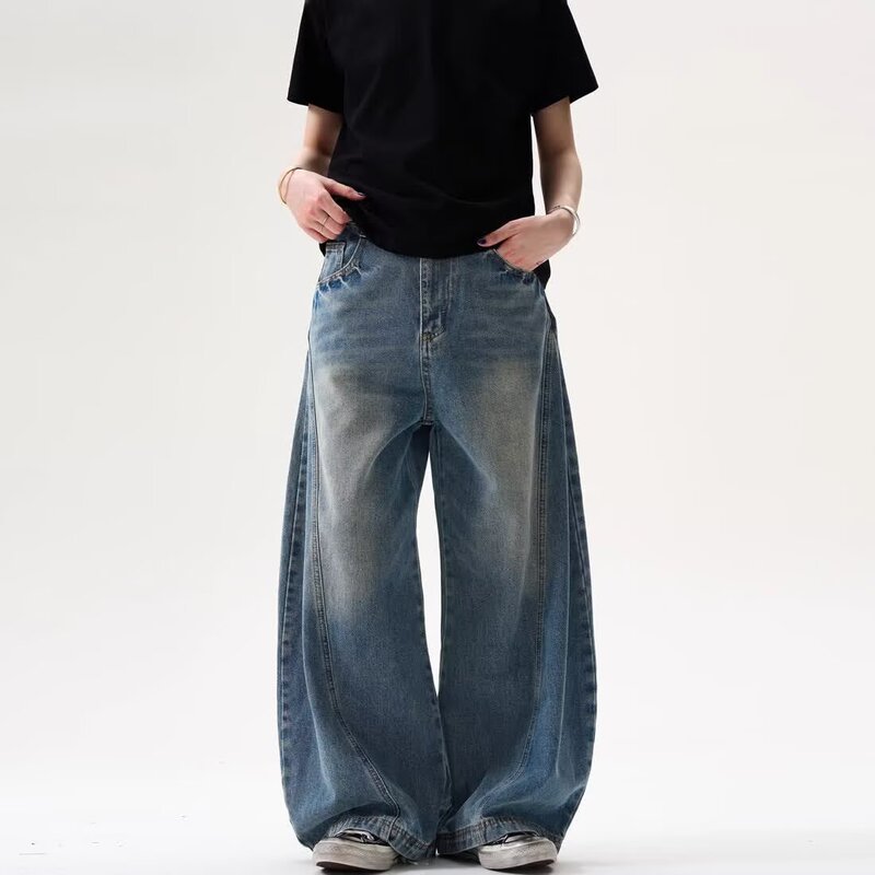 Unique Designer Silhouette Scimitar Pants Men's American Vintage Distressed Jeans Loose Slimming Casual Wide-Leg Pants