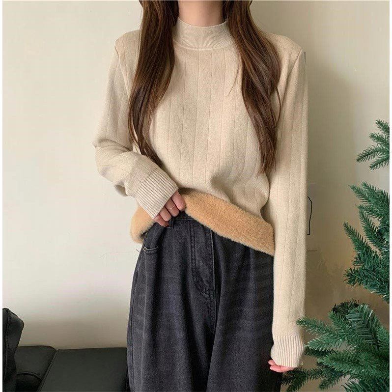 设计感打底衫半高领针织衫女装秋冬2025新款加绒加厚修身内搭上衣