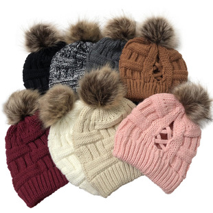 2020 Aliexpress European and American Style Open-Back Bamboo Cc Label Cross Ponytail Knitted Hat Women's Wool Hat