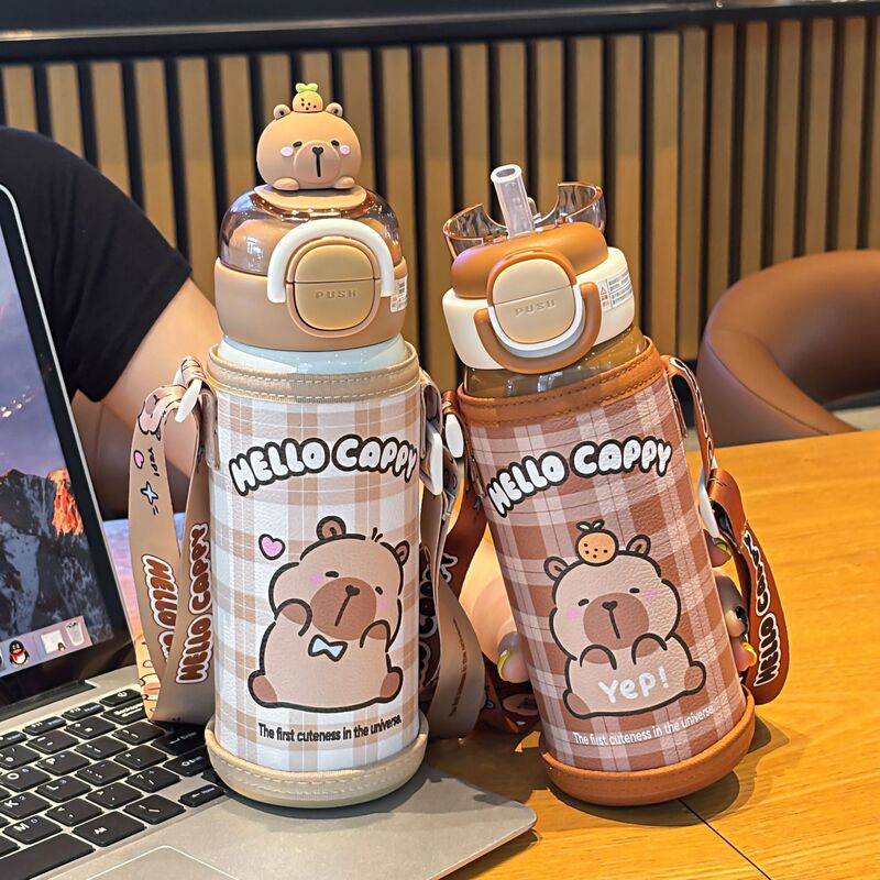 かわいいカピバラチェック柄魔法瓶カップセットデザインロック調節可能なカップロープポータブルワンカップダブルドリンクカップ|undefined