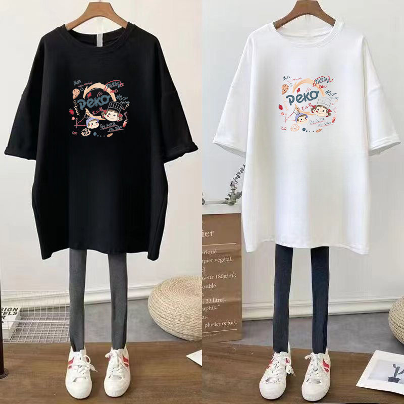 Medium and long chubby girl short sleeve T-shirt women plus fat plus size 300kg pregnant women belly cover loose slim Korean style coat tide
