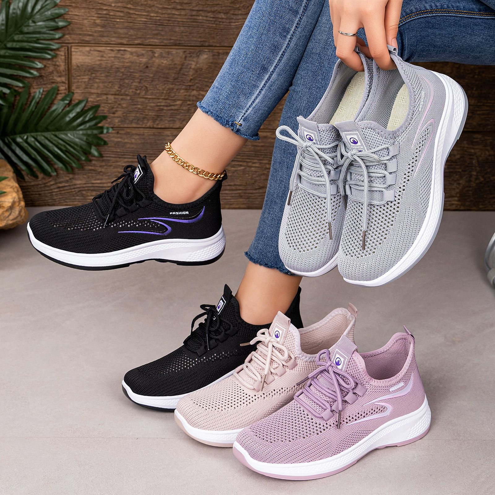 Zapatos de mujer zapatos de verano transfronterizos Temu simple ligero zapatos de malla hueco zapatos de tejido volador con suela suave zapatos casuales cómodos al por mayor