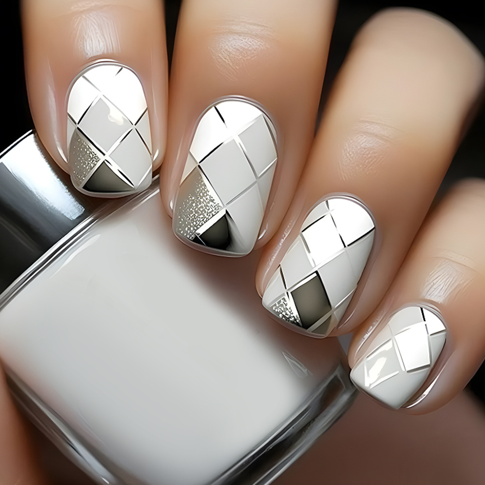 Venta caliente transfronteriza, parche de uñas de rombo gris, 24 piezas, uñas cortas de alta calidad