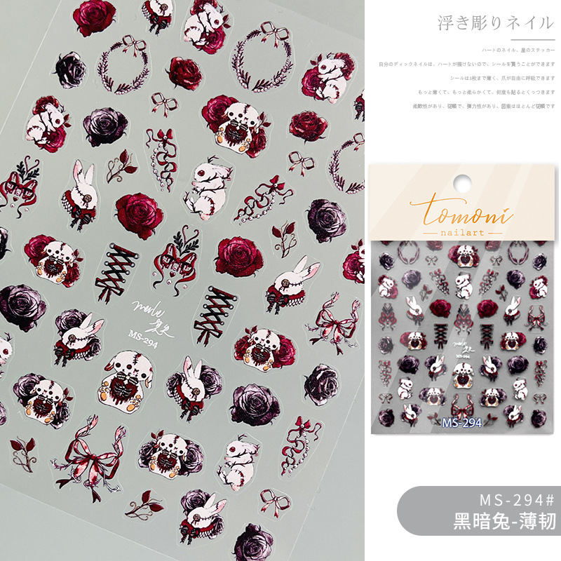 Papel adhesivo de uñas en línea popular conejo oscuro conejo violento estilo gótico chica caliente desgaste pegatina de uñas alivio tridimensional
