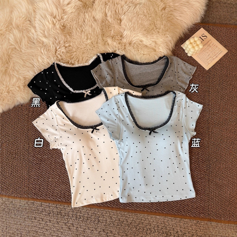 Bm Style Bow Right Shoulder Short-Sleeved T-Shirt for Women with Breast Pads, Polka Dot Lace Edge, Slimming Look and Sweet Korean Style Top