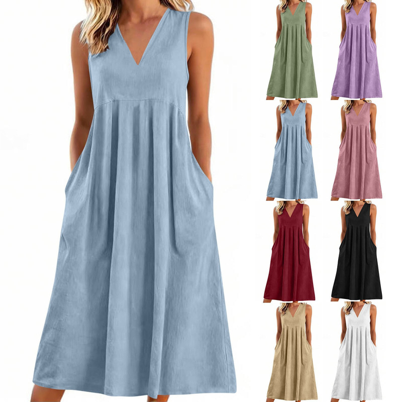 European and American Cross-Border Spring and Summer New Women's Clothing Casual Loose Fashion Retro Cotton and Linen Sleeveless V-Neck Pocket Dress
