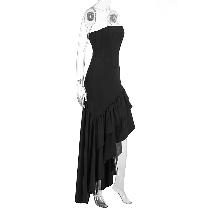 Fashion Sexy Strapless Slit Ruffle Hem Dress For Women Autumn High End Feeling Elegant Party Evening Strapless Dress_ecoleips.com