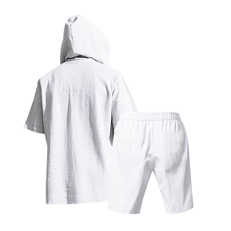 Men's Linen Hooded Short Sleeve Shirt & Shorts Set, Breathable Beach Casual Two-Piece Outfit For Summer_viptrois.com