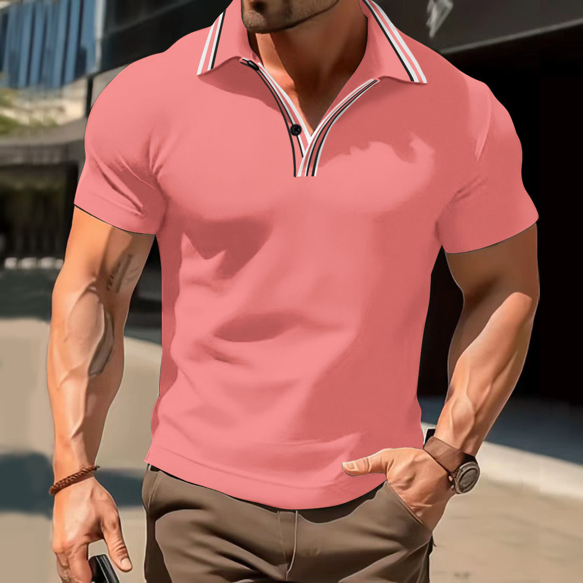 Neues Herren-Poloshirt mit Kragen, Streifen, lässig, V-Ausschnitt, Knopfleiste, vielseitiges T-Shirt_voghion.com