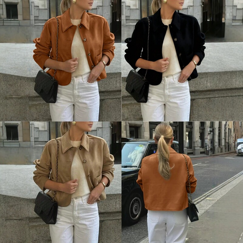 Cross-border women's autumn and winter hot-selling vintage suede blazer, ladies' coat, European and American foreign trade solid color fashion jacket Cross-border women's autumn and winter hot-selling vintage suede blazer, ladies' coat, European and American foreign trade solid color fashion jacket