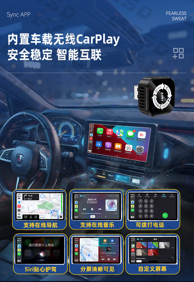 Cross-Border Smart Car-Machine Connectivity Four-In-One Screen Mirroring Carplay Module Reverse Control Wireless Carplay Box