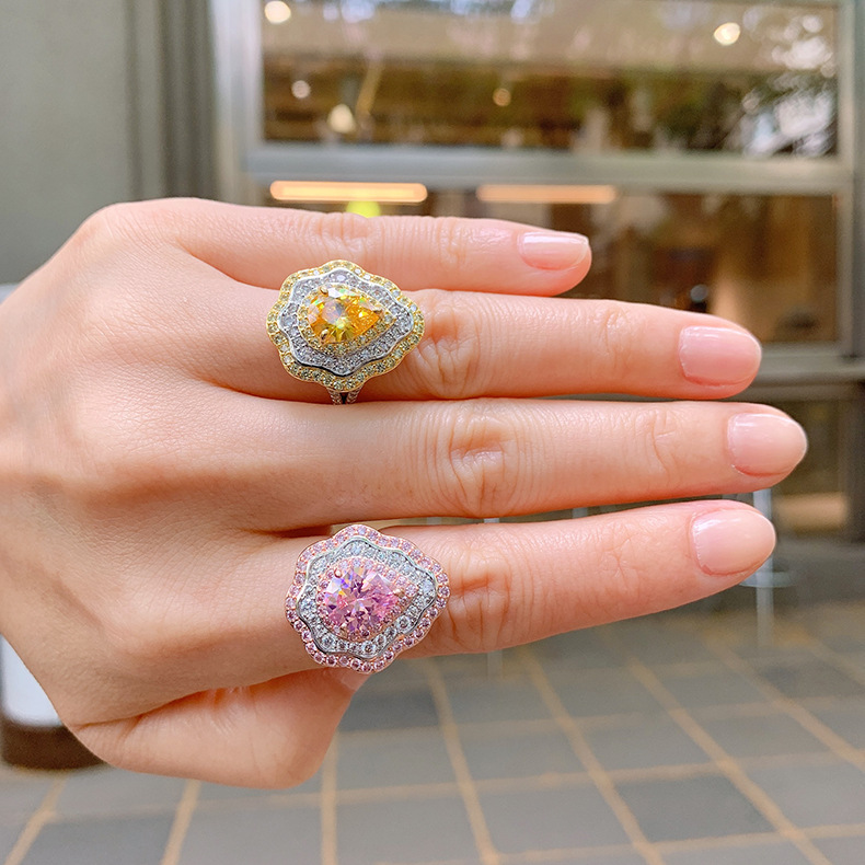 New Pink Diamond with Micro Setting Pear shaped Ring, Colorful Jewelry, Exaggerated Zircon Ring for Women_voghion.com