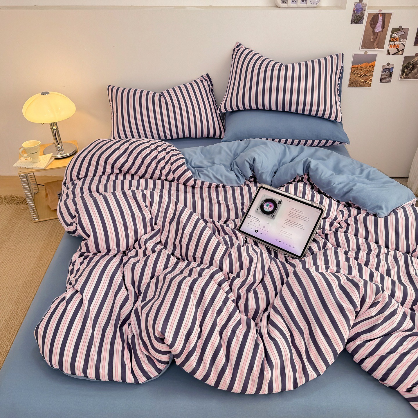 Washed Cotton Striped Bed Sheet Set Simple Japanese Style Four Piece_voghion.com
