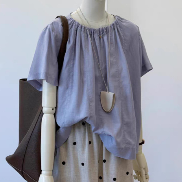 Korean Design Back Button Purple Short-Sleeved Shirt for Women Summer 2025 New Style Foreign Style Age-Reducing Versatile Top