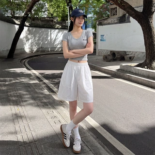 水洗纯棉短裤女外穿夏薄款宽松显瘦高腰阔腿裤百搭美式运动五分裤