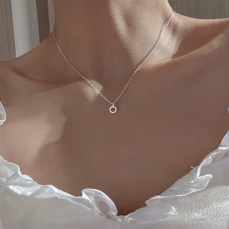 cable chain Chain Type 925 Sterling Silver Zircon Cable Chain Double Ring Pendant Necklace