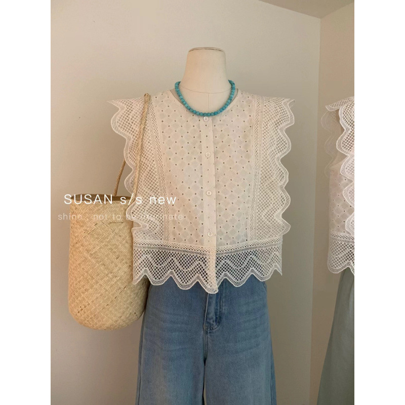 Summer Korean Style New Ins Trendy Fashion Flying Sleeves Fashionable Lace Single-Breasted Niche Shirt for Women