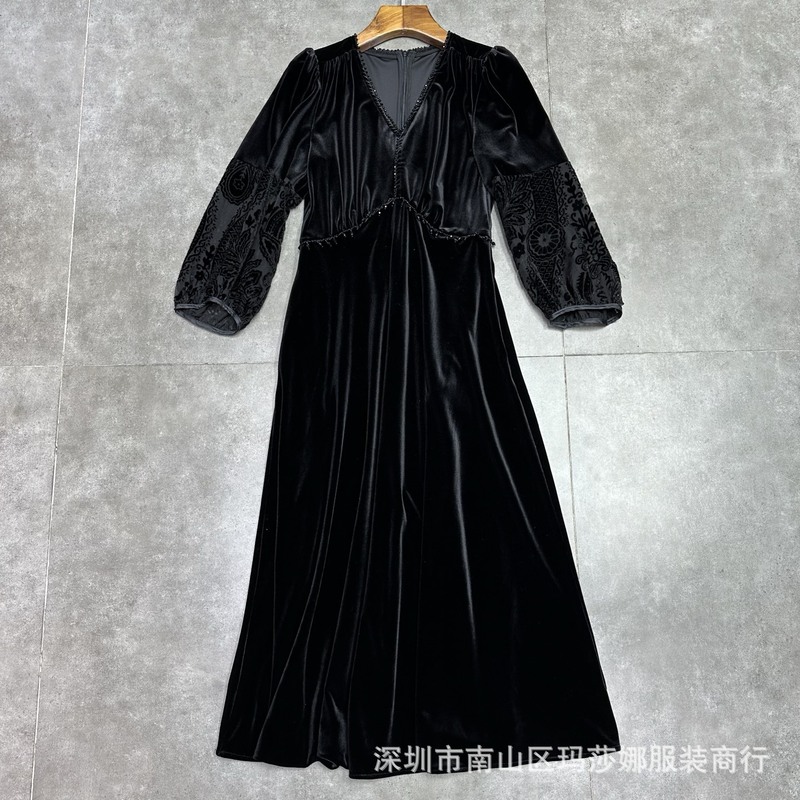轻奢高级感连衣裙春秋新款宽松显瘦洋气网纱拼接醋酸丝绒长袖裙子|undefined