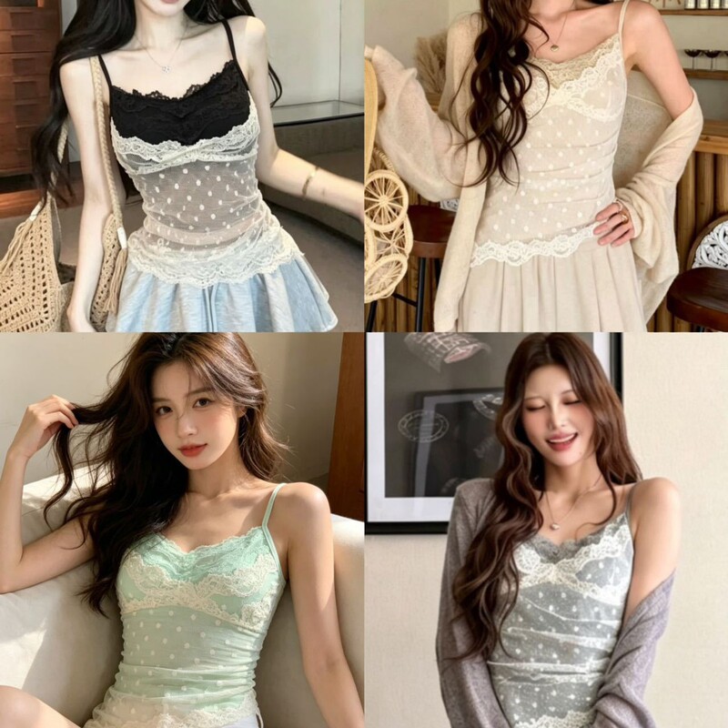 33079 # Hot girl's slim-fit sexy retro polka dot lace faux two-piece camisole with chest pads for women, designed to look slim when worn outside 33079 # Hot girl's slim-fit sexy retro polka dot lace faux two-piece camisole with chest pads for women, designed to look slim when worn outside