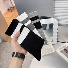 Spring and Autumn Stacked Striped Cotton Breathable Work Socks Trendy Flat Sole Simple Sports Cityboy Long Socks Men's Mid Calf