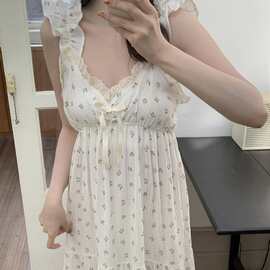 韩国ins女士夏季新品韩系小樱桃双层棉纱家居服睡裙连衣裙可外穿