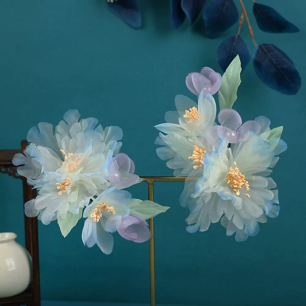 新款古风发饰手工制作原创设计汉服头饰蓝绿渐变纱花发夹汉服发饰