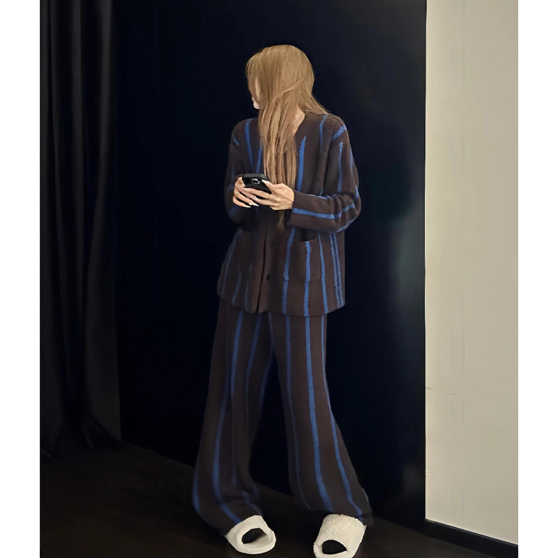 韩系条纹半边绒睡衣女冬季新款保暖加绒加厚长袖大码家居服套装潮|undefined