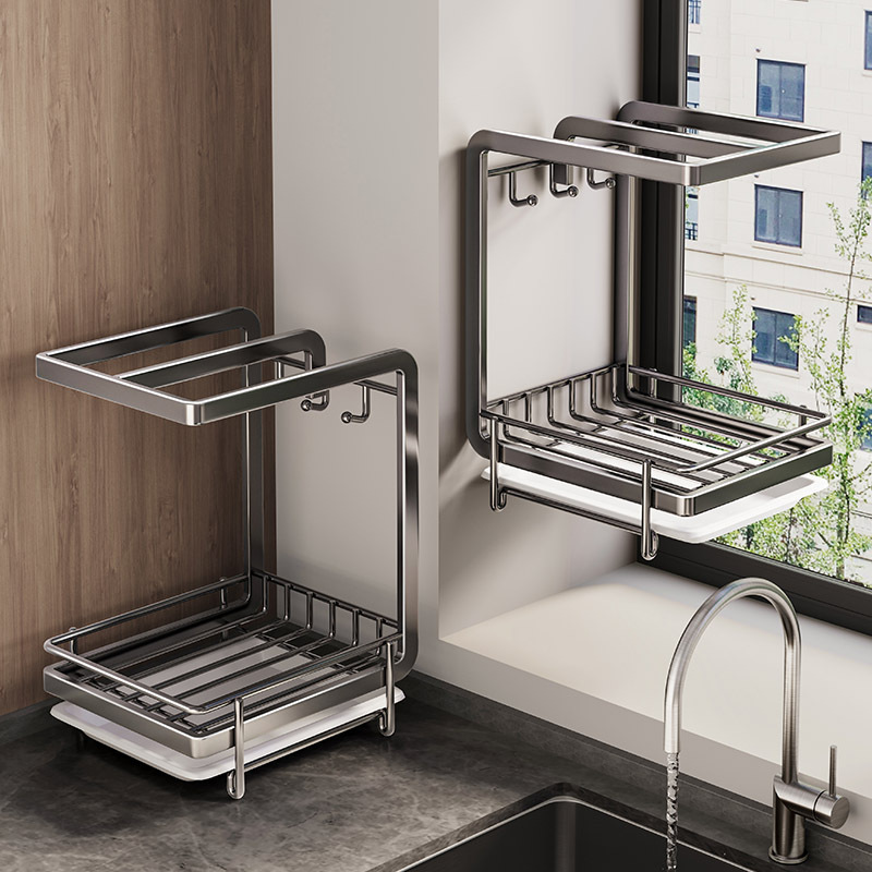 Estante de fregadero de cocina Estante de trapo Estante de drenaje de trapo sin perforación Estante de almacenamiento de detergente de bola de alambre de borde de la piscina